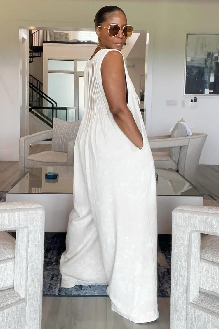 V Neck Sleeveless Pocket Baggy Oversize Wide Leg Jumpsuit-White [Pre Order]