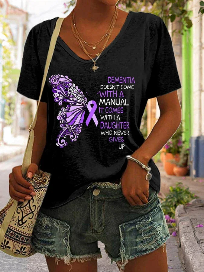 Women Alzheimer Awareness Print V-Neck T-Shirt socialshop