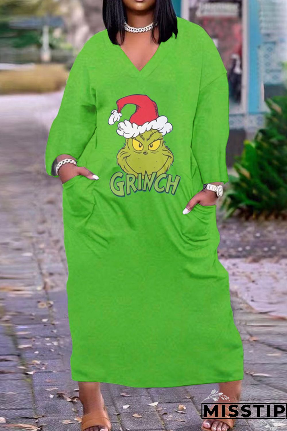 Green Yellow Casual Print Patchwork V Neck Straight Dresses