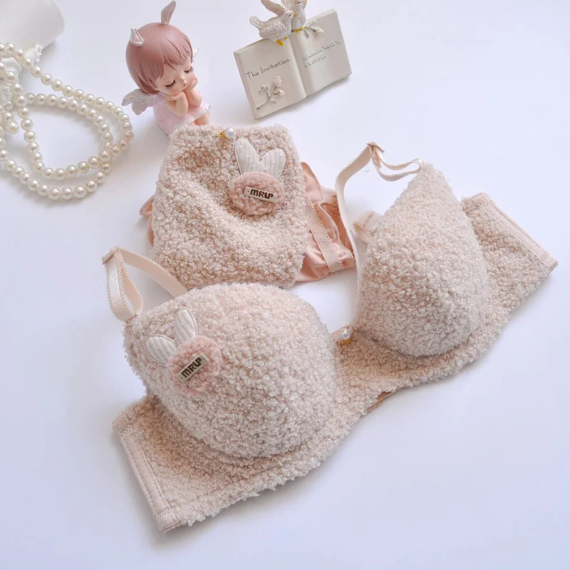 Billionm Sweet Cute Cat Wire Free Comfortable Bra Set Cartoon Animie Underwear Suit Sexy Lace Plush Emroidery Women Lingerie Brifes