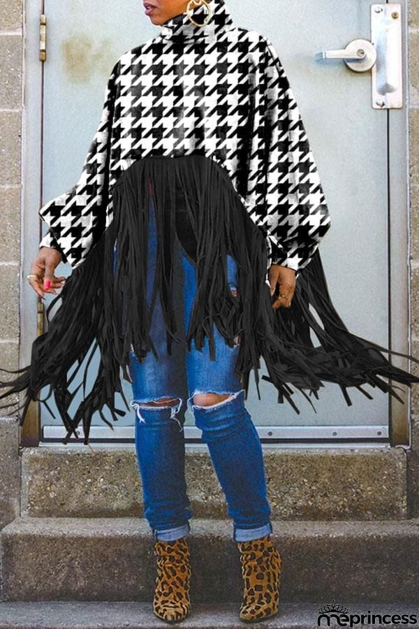 High Neck Houndstooth Tassel Cape Coat