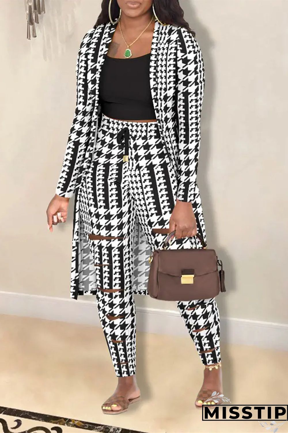 Black White Casual Print Ripped Printing Cardigan Collar Long Sleeve Two Pieces