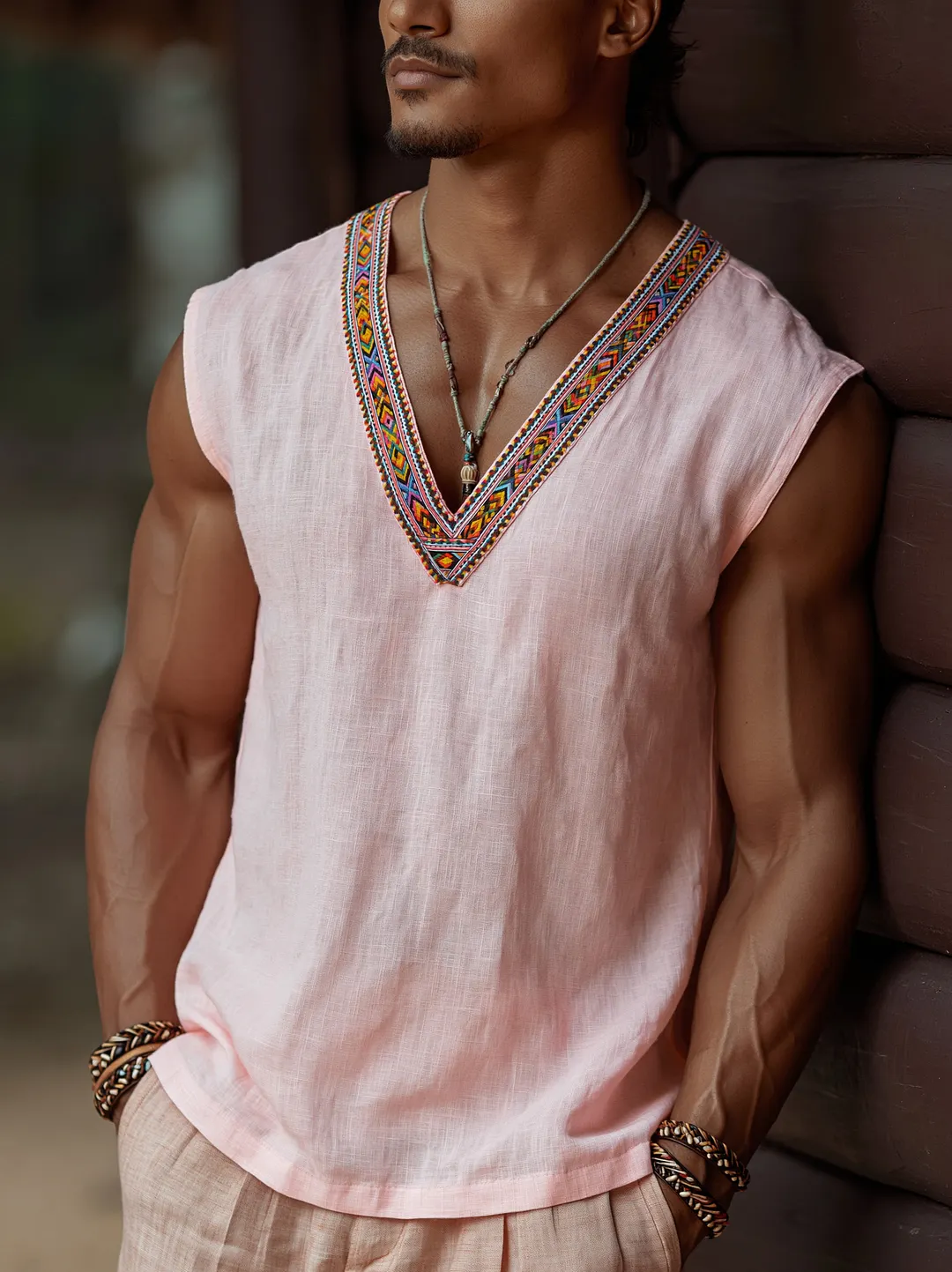 Men's Linen Sleeveless V-Neck Top With Ethnic Embroidery Pattern Boho Style Summer Casual Vest-INSPIREUSE
