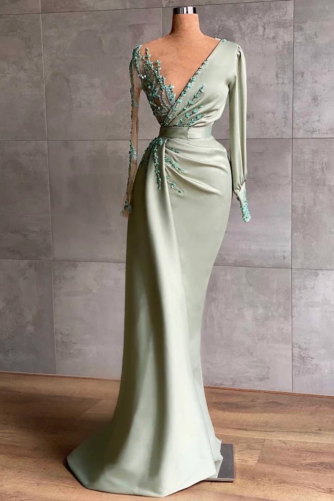 Daisda Elegant Sage Mermaid Appliques Prom Dress With Long Sleeves