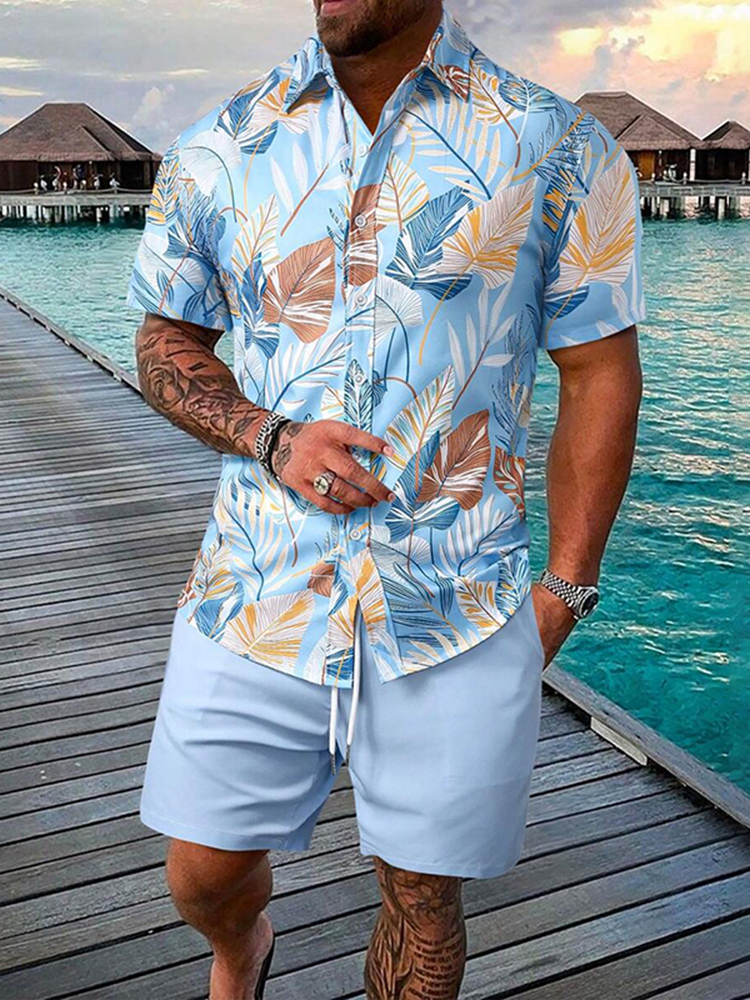 Comstylish Hawaiian Vacation Men'S Leaf Print Short Sleeved Two Piece Set