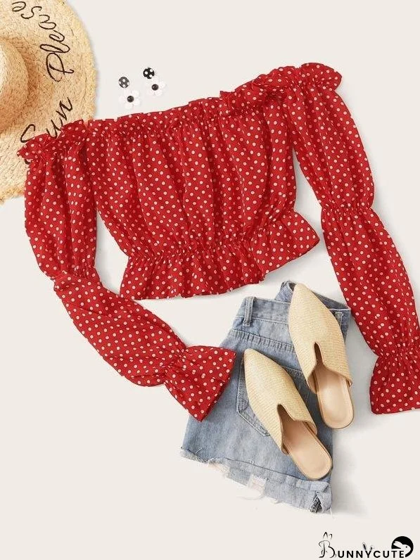 Frill Flounce Sleeve Polka Dot Bardot Blouse for Women