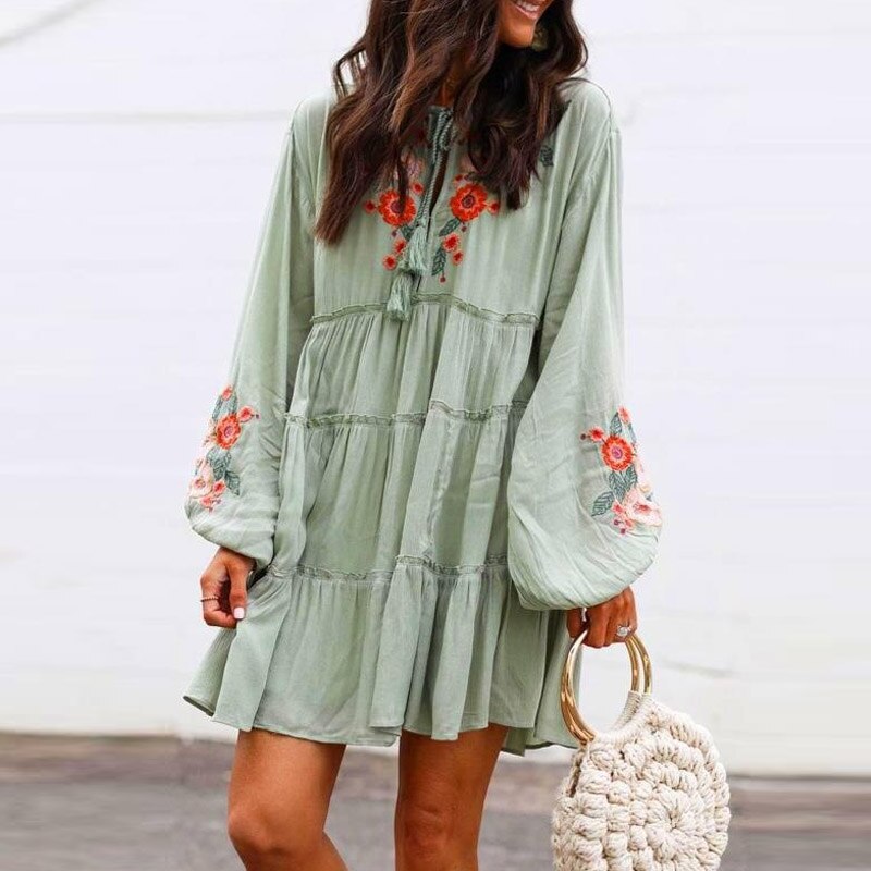 Elegant Lantern Long Sleeve Fashion Dress Autumn Women Lace-Up Tassel Loose Mini Dress Vintage Floral Print Party Dress Vestidos