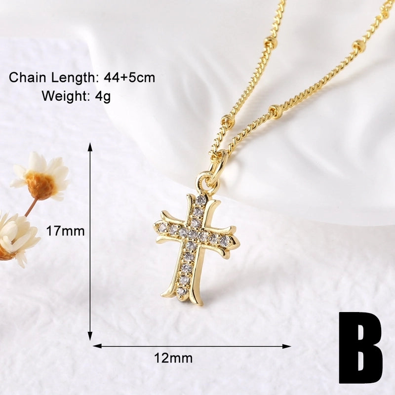 201 Stainless Steel Copper Cable Chain 18K Gold Plated Plating Cross Zircon Pendant Necklace
