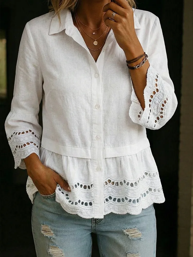 Casual Patchwork Lace Linen And Cotton Shirt