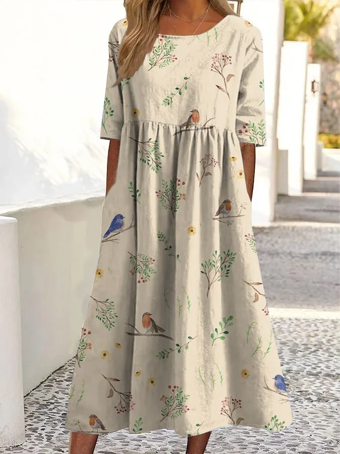 Vintage Robin Floral Print Crew Neck Pocket Midi Dress