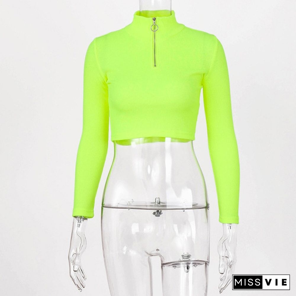 Autumn Fashion Women Crop Top Long Sleeves Zipper Crop Top