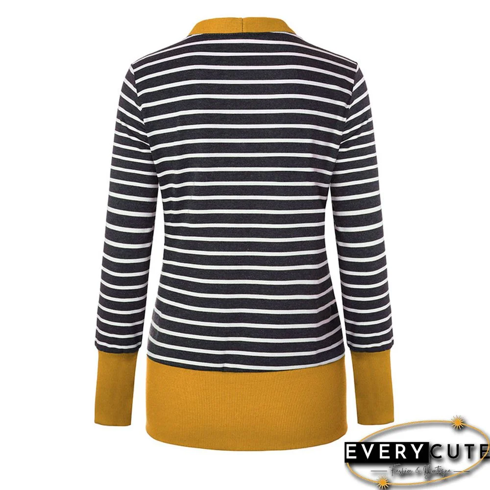 Yellow Hem Black Stripes Button Down Cardigan