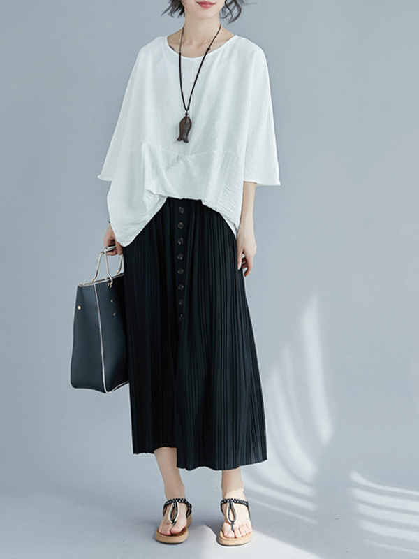 Round Neck Solid Color Bat Sleeve Loose Stitching Irregular T-Shirt