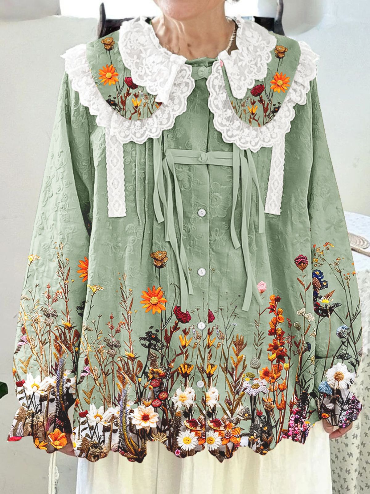 Women Long Sleeve V-neck Graphic Floral Printed Top