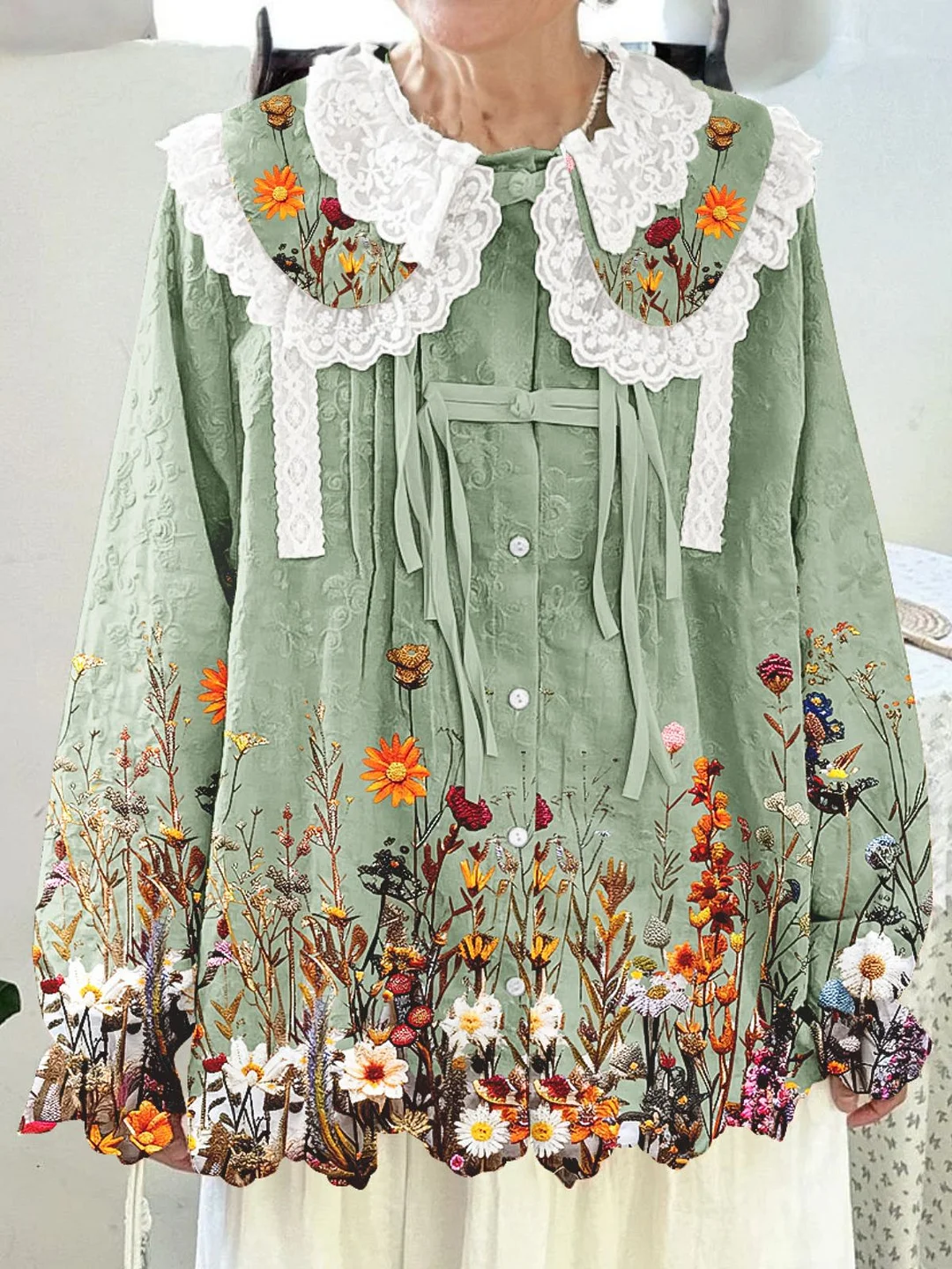 Women Printed Long Sleeve Round-neck  Cute Collar Shirts Blouses Green