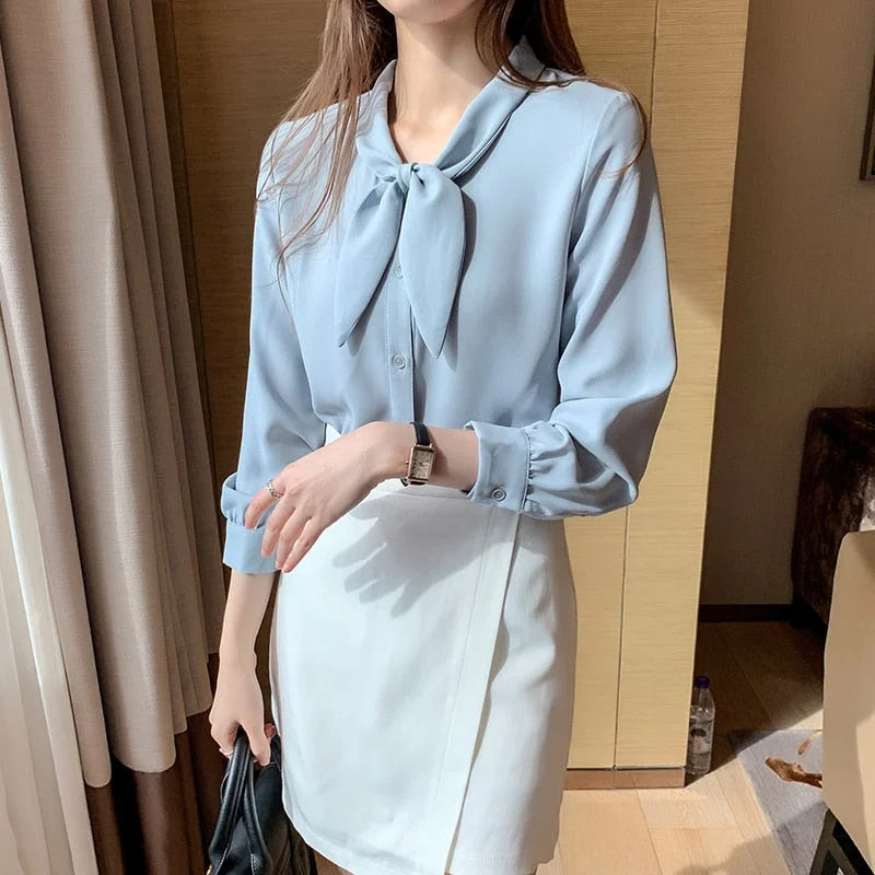 Fashion New Women Tops and Blouses Plus Size Chiffon Blouse Shirt Bow Collar Office Blouse Long Sleeve Women Shirts Blusas 10686