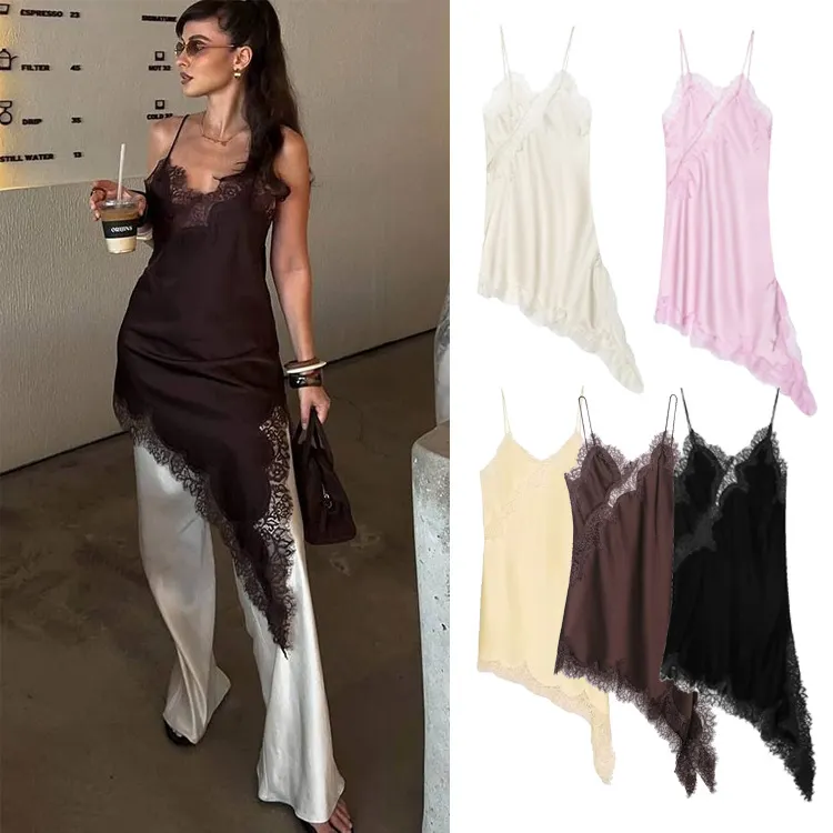 Solid Lace Trim Spaghetti Strap Irregular Hem Mini Slip Dress