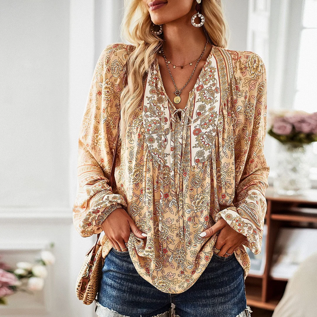 Nncharge Inspired Boho blouse floral print V-neck long sleeve blouse women chic women blouse Hippie bohemian style autumn women tops