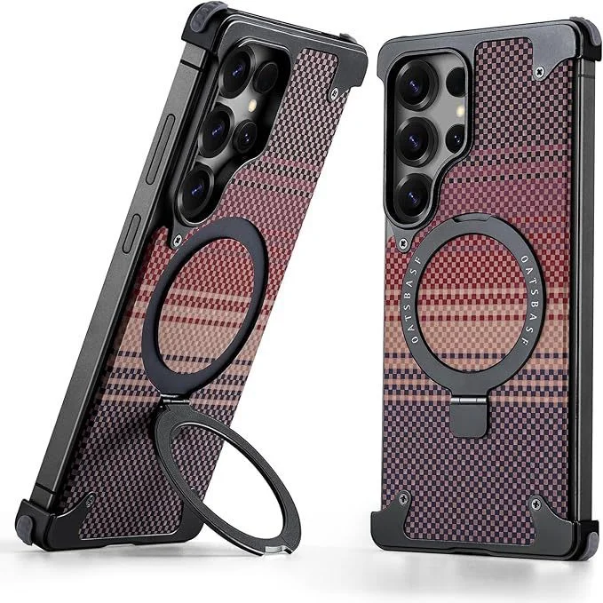 Kevlar Carbon Fiber Pattern Suitable For Samsung S25Ultra Bracket Magnetic Mobile Phone Case Metal Anti-Fall Case