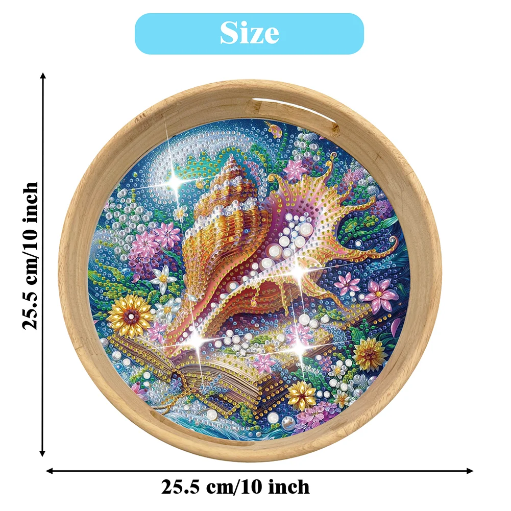 DIY Conch Shells Wooden Diamond Food Dinner Plate with Handle for Coffee Table