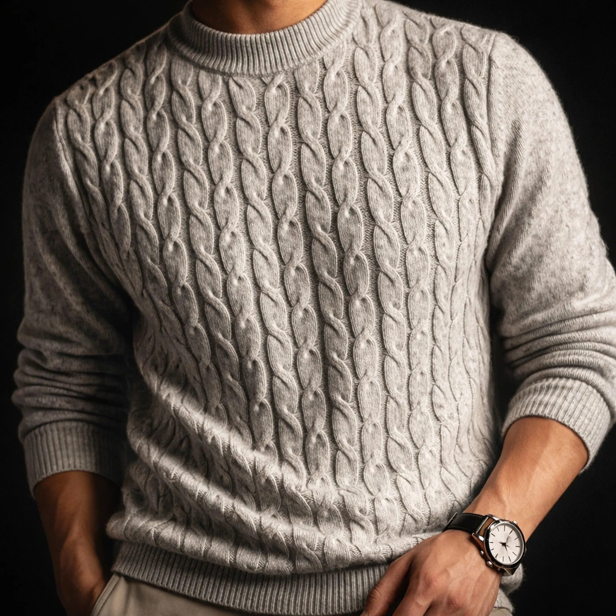 Men's Cable Knit Cotton Jumper &ndash; Textured Crew Neck Sweater