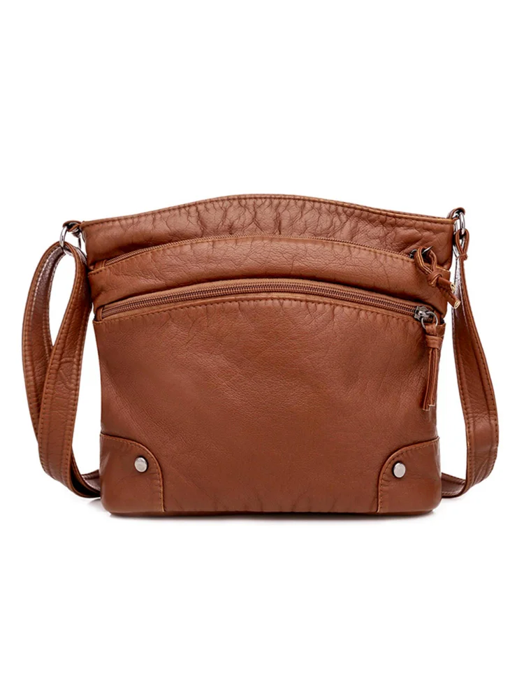 Solid Soft PU Women Messenger Bag Multi-Pocket Shoulder Handbag (Brown)