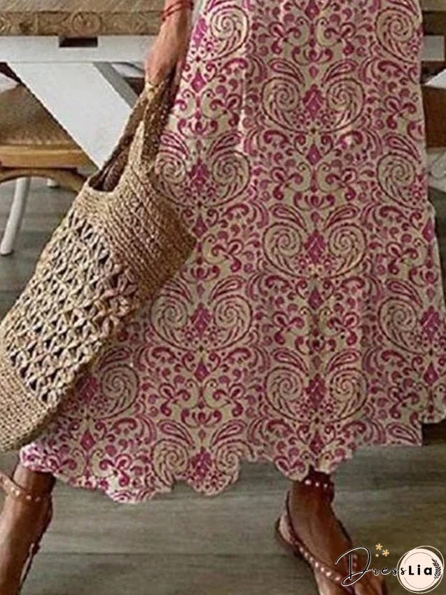 Women's A Line Dress Maxi Long Dress Pink Half Sleeve Floral Ethnic Tribe Print Ruched Summer Spring Dress V Neck