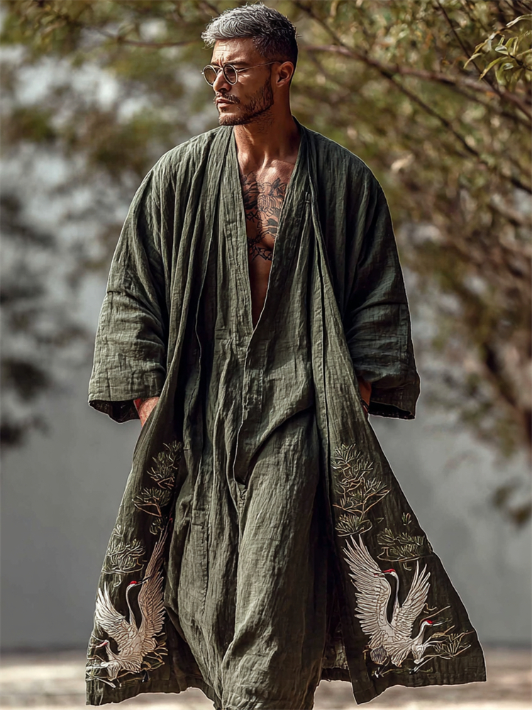 Men's Japanese Cranes & Pine Trees Linen Long Kimono  artssus