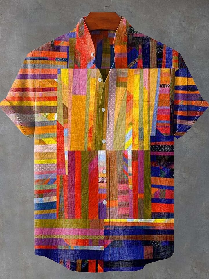 Color Stripes Mosaic Art Print Casual 100% Cotton Shirt