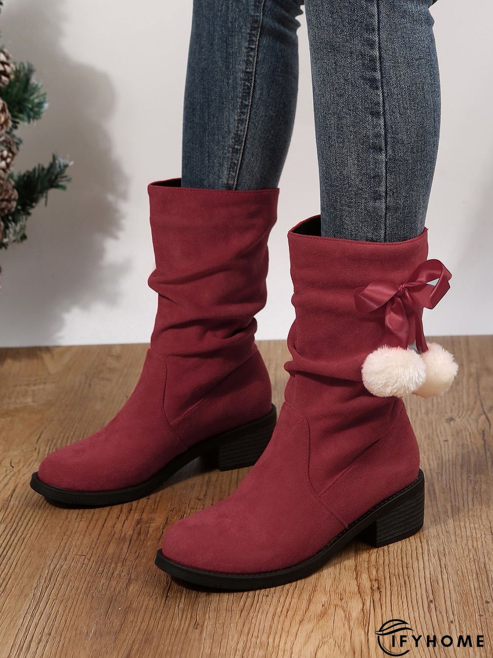 Christmas Pompom Decor Faux Suede Slouchy Boots | IFYHOME