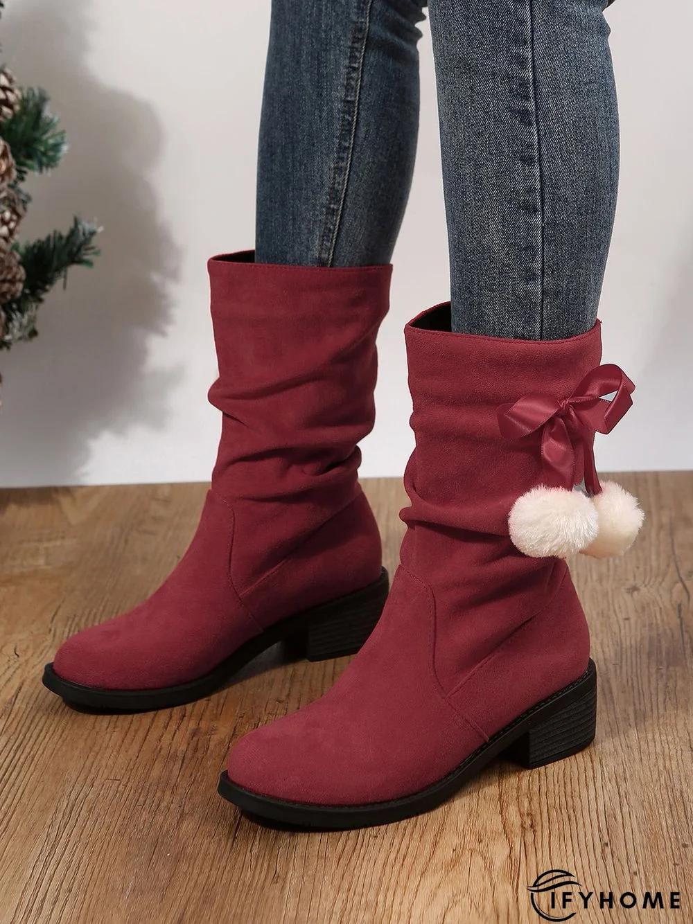 Christmas Pompom Decor Faux Suede Slouchy Boots | IFYHOME
