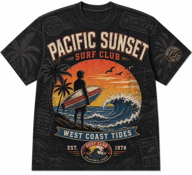 Surf Pacific Sunset Cotton T-Shirt - Black / Orange / Cream