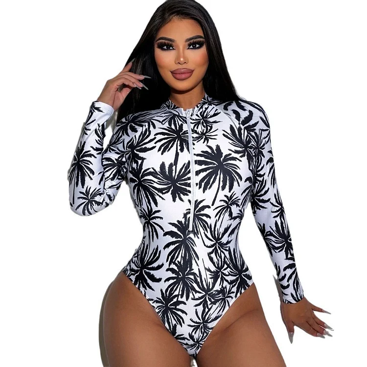 Fitvitalsupplement Rash Guard Long Sleeve Swimwear Women Monokini 2025 One-Piece Swimsuit Coconut Tree Sexy Bodysuit Beachwear Bathing Suit Surf