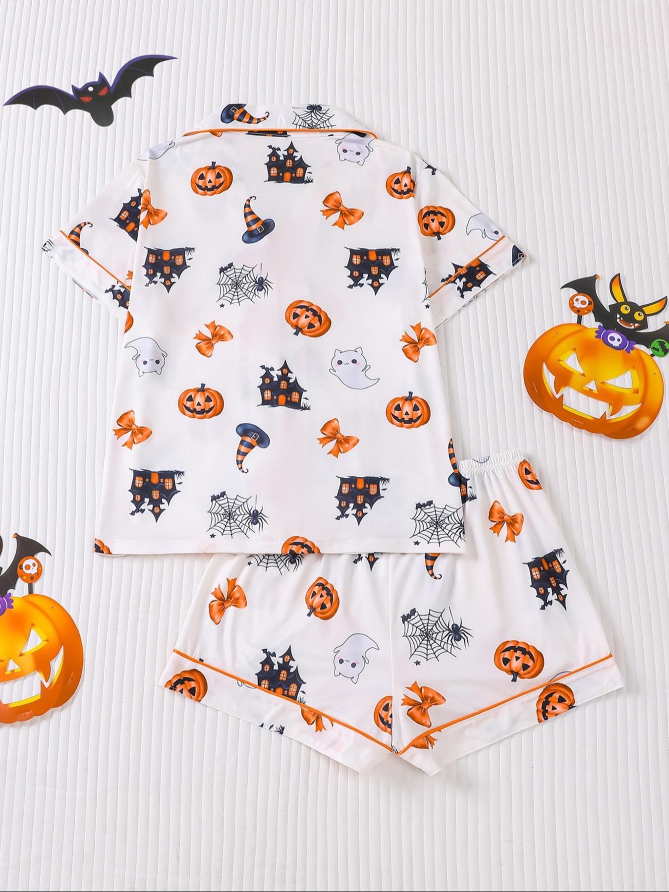 Women Christmas Pajama Set, Santa & Bowknot Tree Pattern, Short Sleeve Button-Up Shirt & Elastic Shorts, Casual All-Season Sleepwear Loungewear