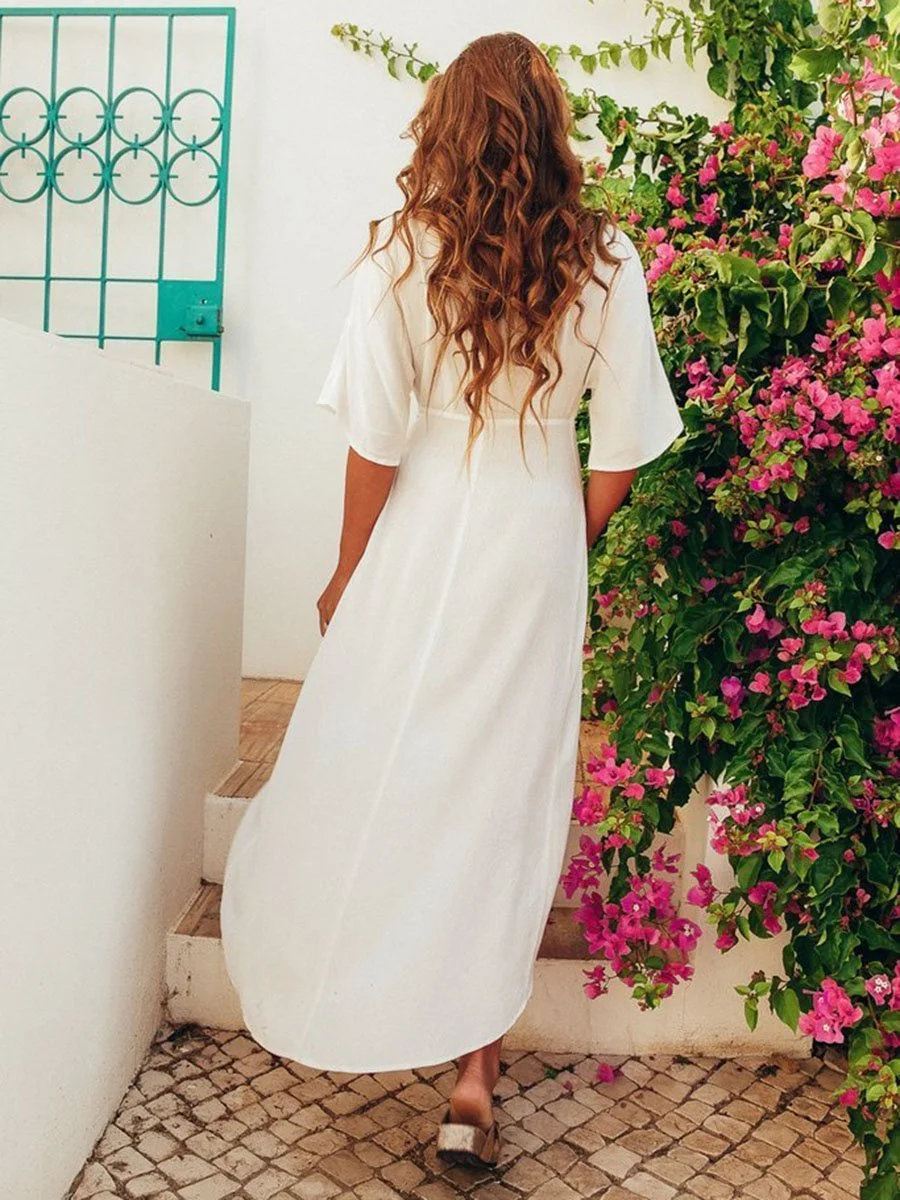 Deep V-Neck Side Tie Solid Color Maxi Dress