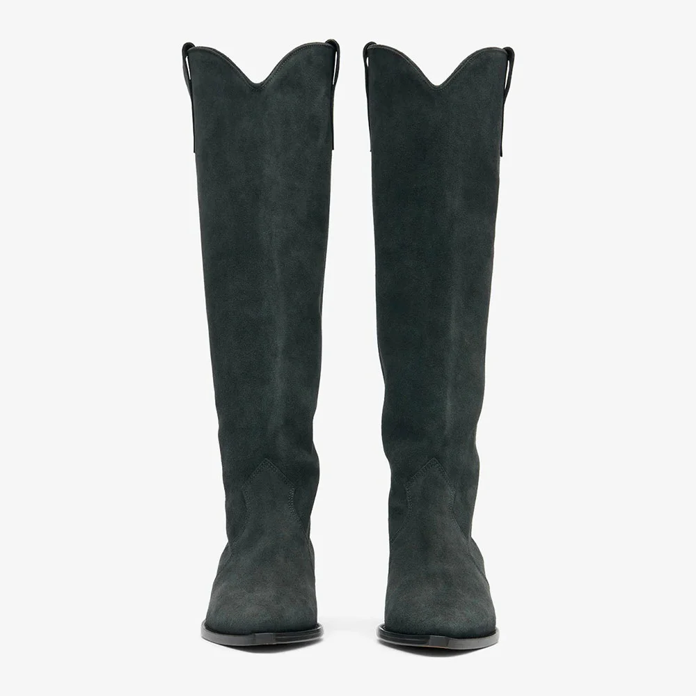 Black Pointed Toe Block Low Heel Long Cowgirl Boots for Women