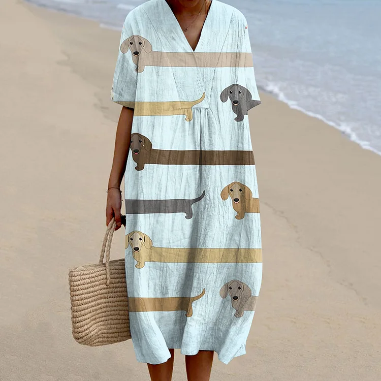 Women's Cute Dachshund Casual V Neck Midi Dress