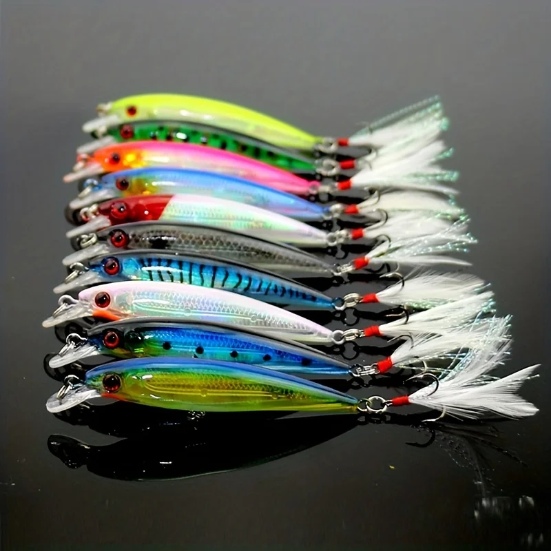 10pcs Larser Minnow Fishing Lures Set Catch Bass Faster with Feather Hook Artificial Bait