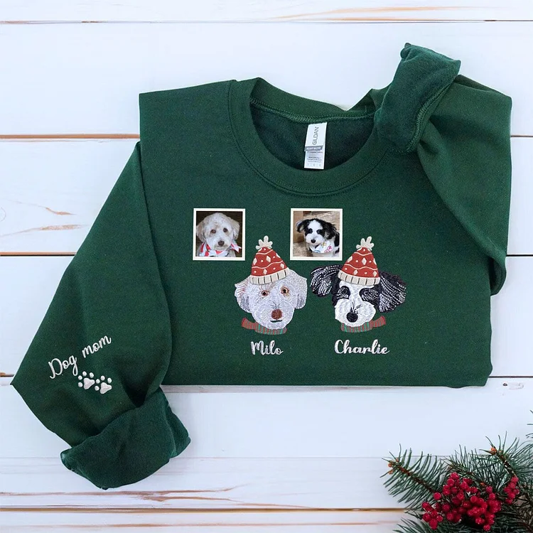 Custom Embroidered Pet Portrait Christmas Jumper Sweatshirt Hoodie T-shirt Xmas Gift