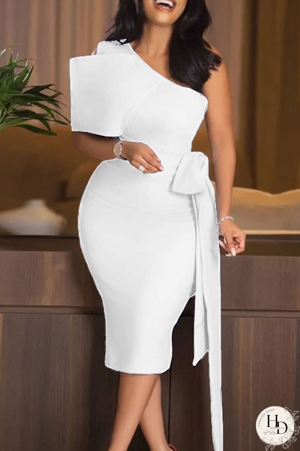 Sky Blue Elegant Solid Split Joint With Bow Oblique Collar Pencil Skirt Dresses