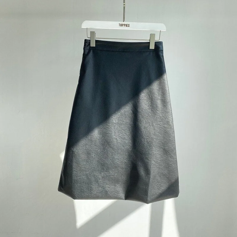 Toppies 2021 New Women's PU Leather Skirt Solid High Waist A-line Skirts Casual Fashion Elegant Leather faldas saia