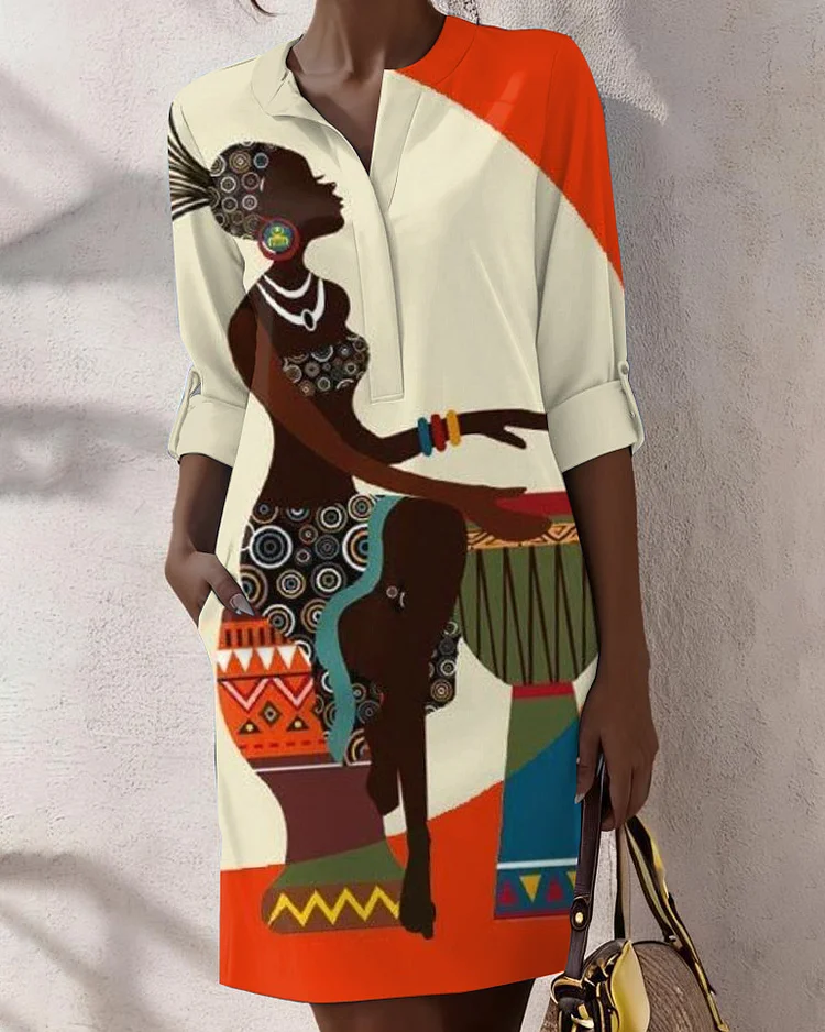 Tribal Drumming Girl Print Pocke O Neck Mini Dress