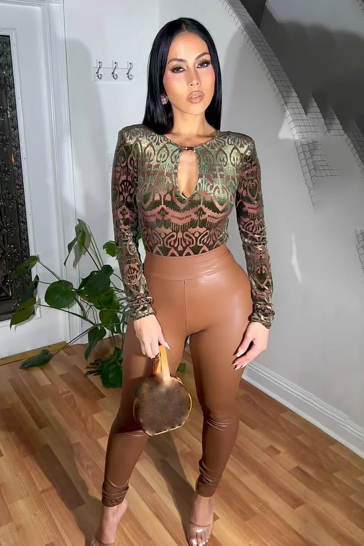 Graphic Pattern Cutout Long Sleeve Top Faux Leather Skinny Pants 2pcs Set-Green