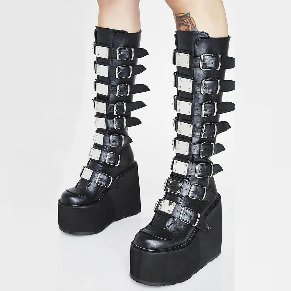 Big Size 48 Brand Design Platform Wedges Goth Black Mid Calf Motorcycle Boots Women Buckle Trendy Cool Punk Zipper Women Shoes