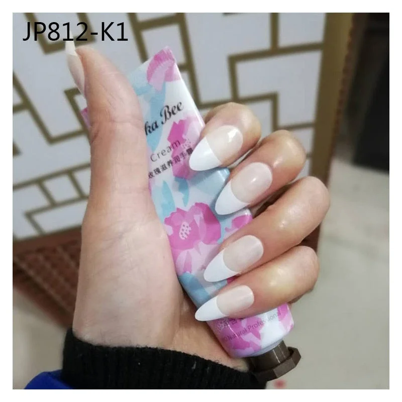 24pcs French Flesh-colored Fake Nails White Edge Prolongs Nail Tips Long Short Nail Extension Removable Wearing Women Manicure