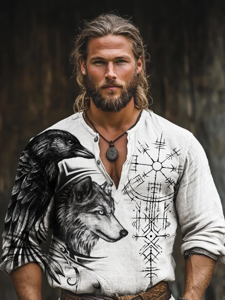 VChics Men's Viking Vegvisir Raven & Wolf Art Linen Blend Henley Shirt