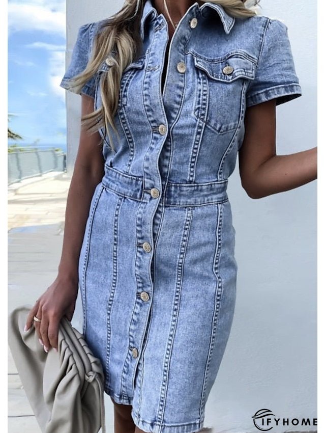 Denim Dress Denim Shirt Dress Midi Dress Denim Elegant Casual Daily Vacation Shirt Collar Button Pocket Short Sleeve Summer Spring Fall Slim Light Blue Pure Color S M L XL for Women | IFYHOME