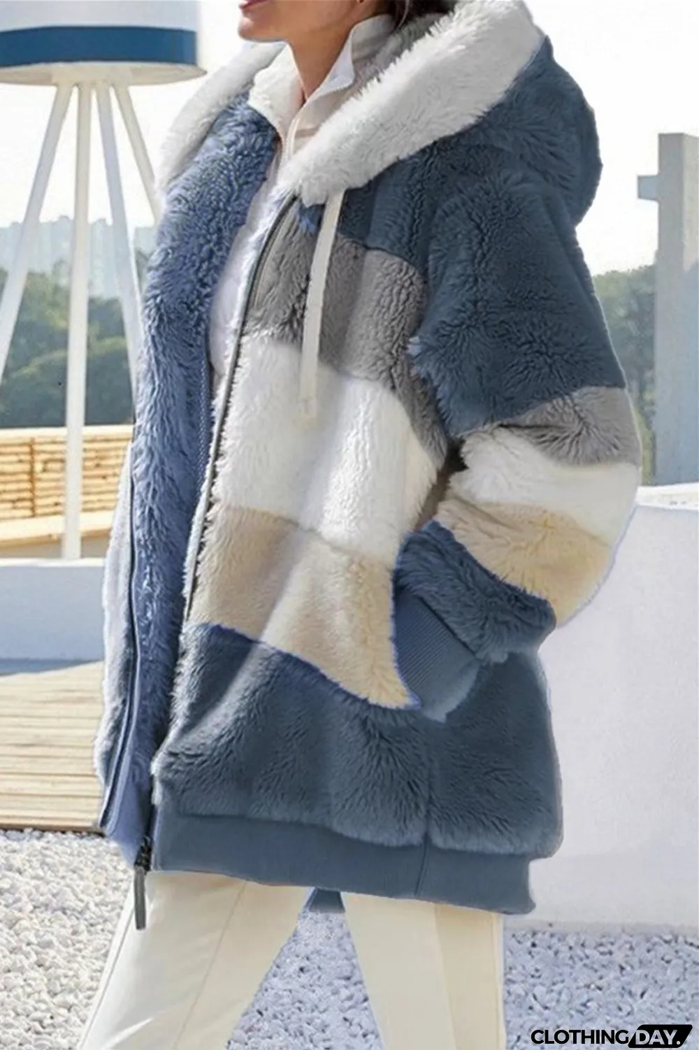 Black Fashion Casual Patchwork Zipper Hooded Collar Plus Size Overcoat