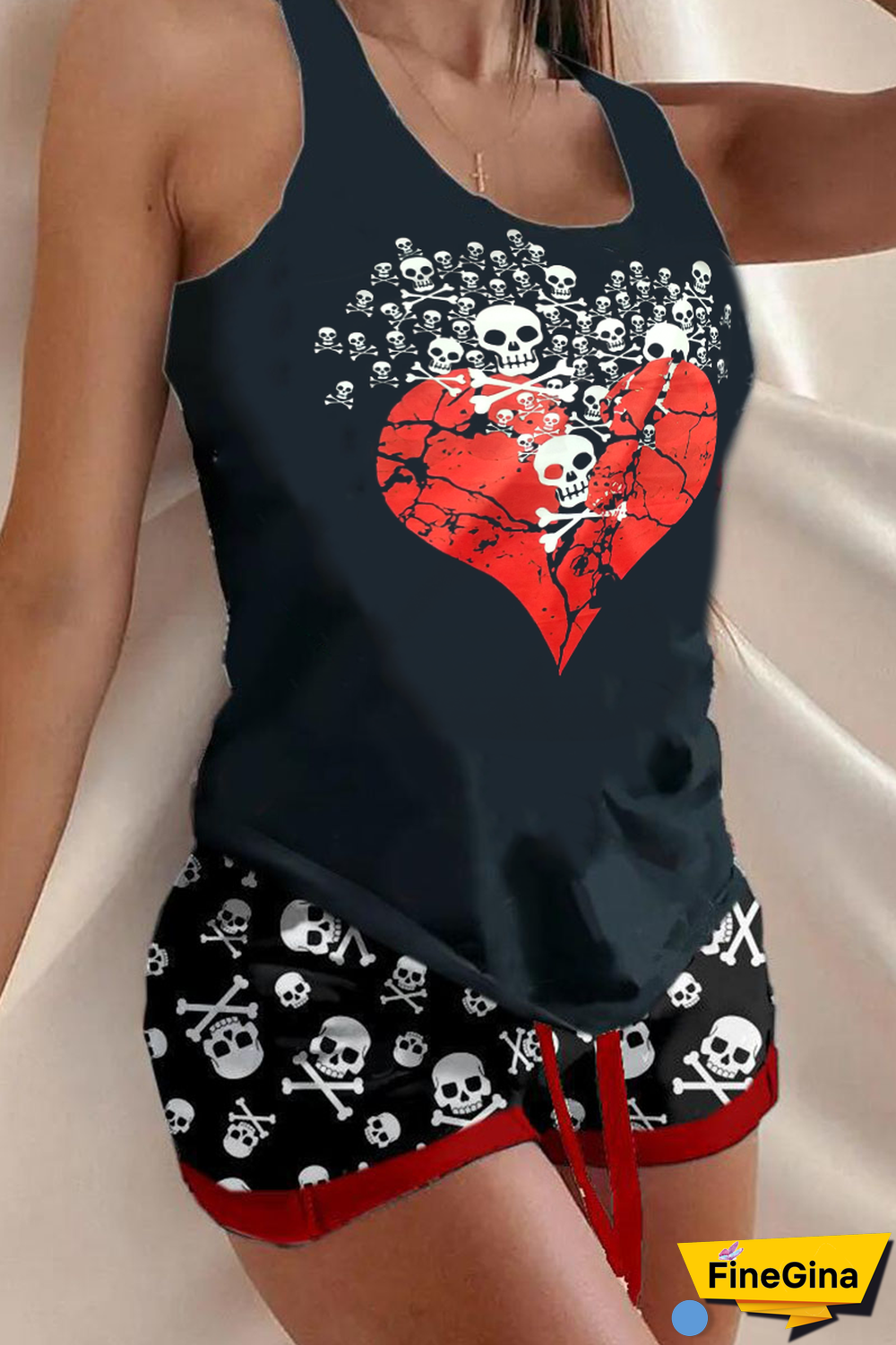 Blue Black Street Print Patchwork U Neck Sleeveless Two Pieces