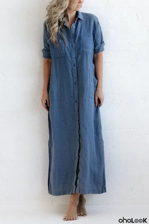 Linen Button Pockets Shirt Maxi Dress